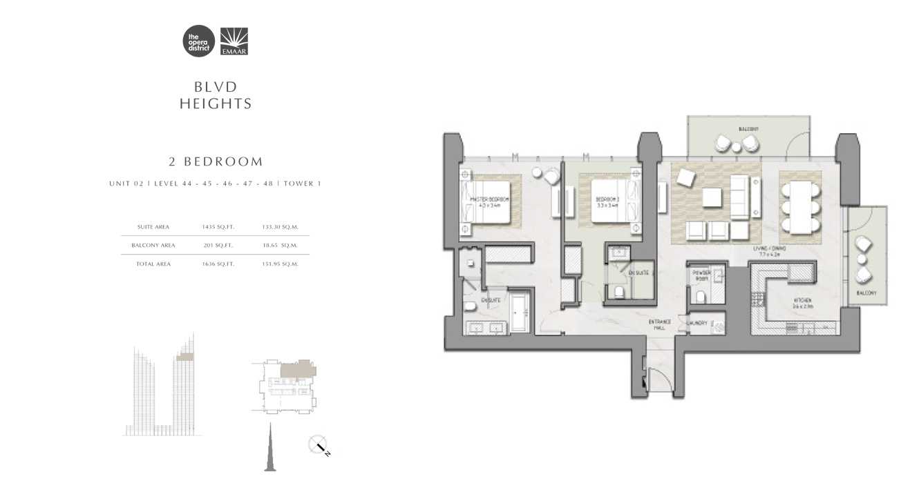 2 Bedroom Unit 02 Tower 1, Size 1636 sq ft